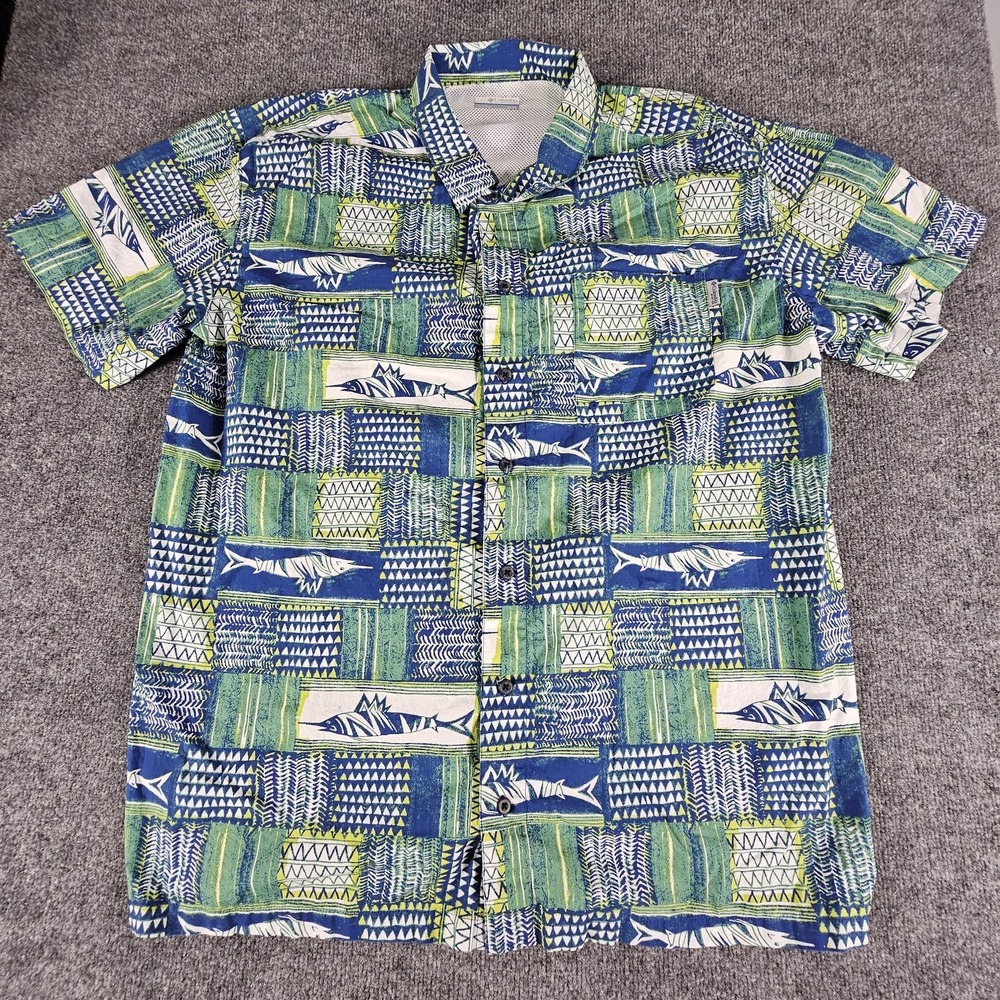 Columbia PFG Shirt Mens XL Blue Green Fish Print Button Up Short Sleeve Outdoors
